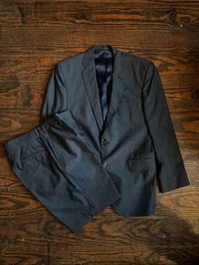 Men's Navy And Black Pinstripe Two-Piece Suit Jacket & Trousers